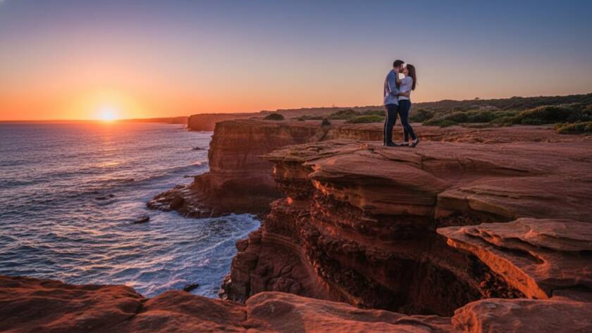 An epic moment of a couple embracing passionately against the golden hour glow of the Beaumaris cliffs, captured with professional colour grading, showcasing Romantic Beaumaris Engagement Photography Melbourne.