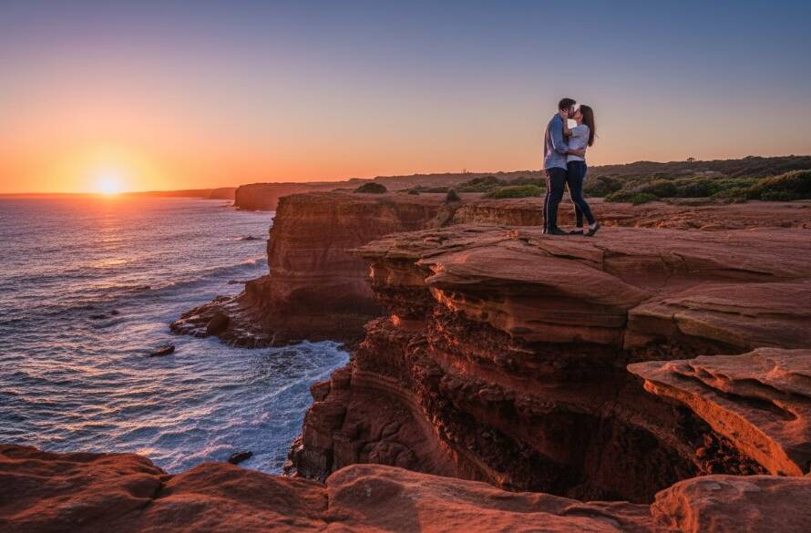 An epic moment of a couple embracing passionately against the golden hour glow of the Beaumaris cliffs, captured with professional colour grading, showcasing Romantic Beaumaris Engagement Photography Melbourne.