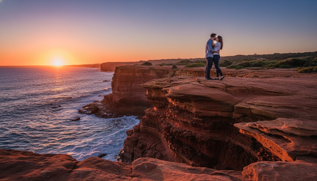 An epic moment of a couple embracing passionately against the golden hour glow of the Beaumaris cliffs, captured with professional colour grading, showcasing Romantic Beaumaris Engagement Photography Melbourne.