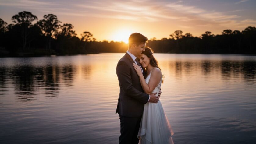 An epic moment of a couple embracing passionately at sunset over Lake Benalla, capturing their romantic Benalla pre-wedding photography adventure with dramatic golden light and a serene landscape.