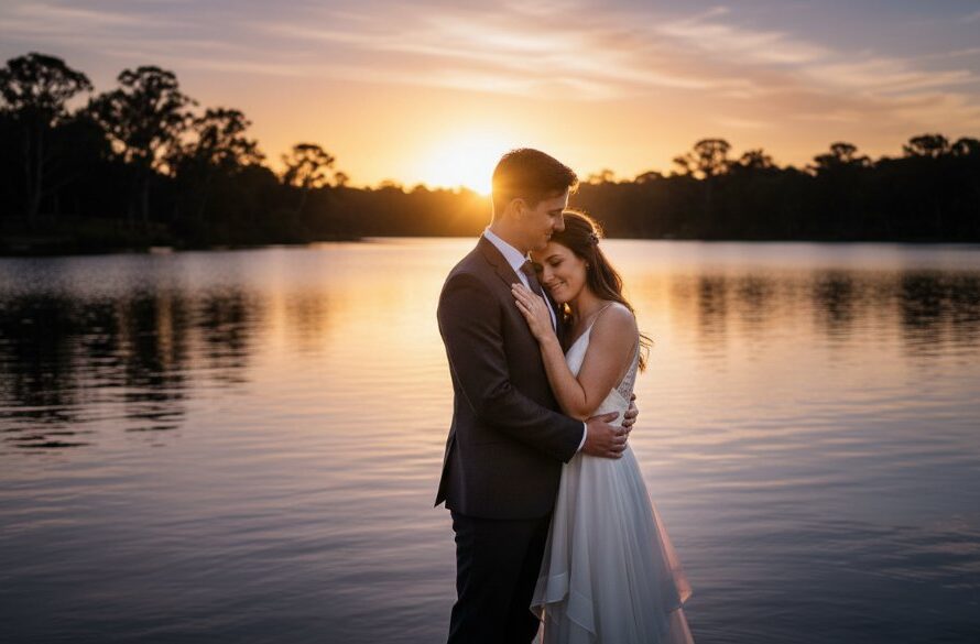 An epic moment of a couple embracing passionately at sunset over Lake Benalla, capturing their romantic Benalla pre-wedding photography adventure with dramatic golden light and a serene landscape.