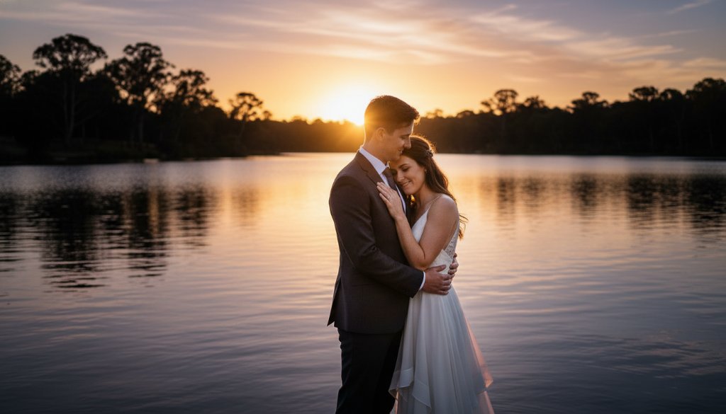An epic moment of a couple embracing passionately at sunset over Lake Benalla, capturing their romantic Benalla pre-wedding photography adventure with dramatic golden light and a serene landscape.