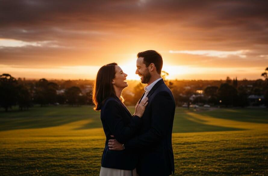 An epic moment captured at sunset, showing a couple embracing passionately amidst the golden light of Bentleigh Victoria, highlighting romantic Bentleigh engagement photography locations with dramatic flair and professional colour grading.