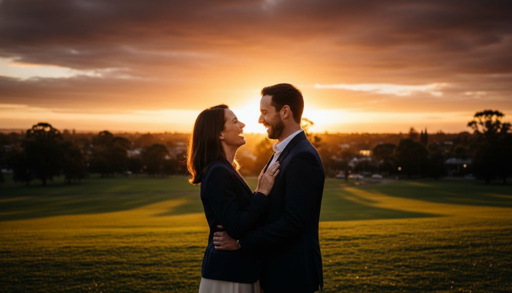 An epic moment captured at sunset, showing a couple embracing passionately amidst the golden light of Bentleigh Victoria, highlighting romantic Bentleigh engagement photography locations with dramatic flair and professional colour grading.