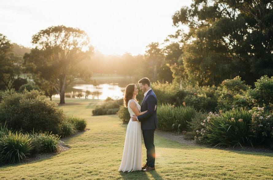 A couple shares a tender kiss at sunset amidst the rolling hills of Wilson Botanic Park in Berwick, Victoria, showcasing intimate romantic Berwick pre-wedding photography spots, with dramatic golden hour lighting and lush Australian greenery.