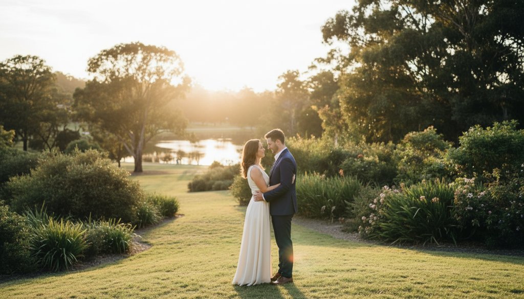 A couple shares a tender kiss at sunset amidst the rolling hills of Wilson Botanic Park in Berwick, Victoria, showcasing intimate romantic Berwick pre-wedding photography spots, with dramatic golden hour lighting and lush Australian greenery.