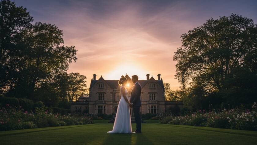 A beautifully composed wide shot capturing a couple's romantic Berwick wedding photography moments at sunset, silhouetted against a grand heritage building, showcasing dramatic golden hour lighting and lush Berwick parklands.