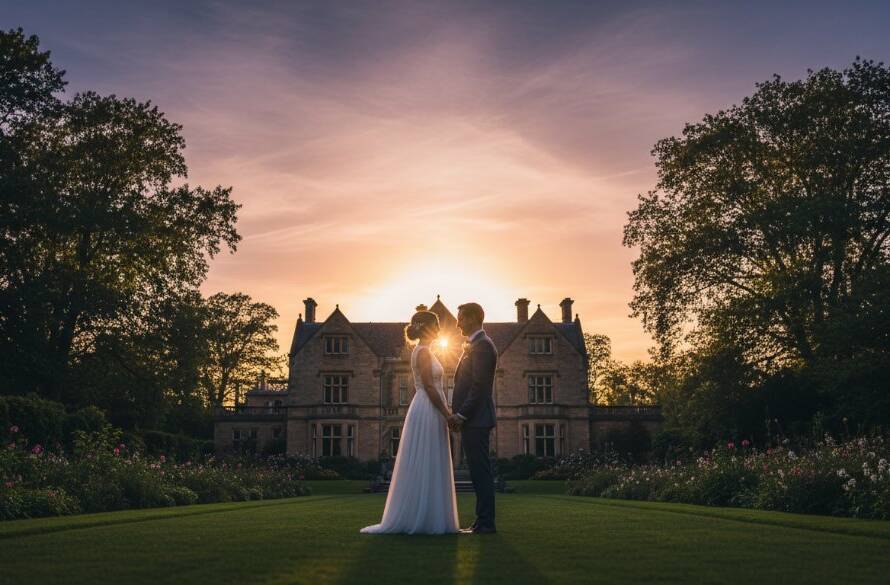 A beautifully composed wide shot capturing a couple's romantic Berwick wedding photography moments at sunset, silhouetted against a grand heritage building, showcasing dramatic golden hour lighting and lush Berwick parklands.