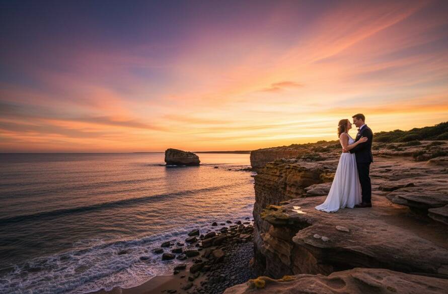 A newlywed couple shares a tender embrace on Black Rock Beach at sunset, capturing their romantic Black Rock coastal wedding photography Victoria, with golden light reflecting off the water and dramatic clouds overhead.