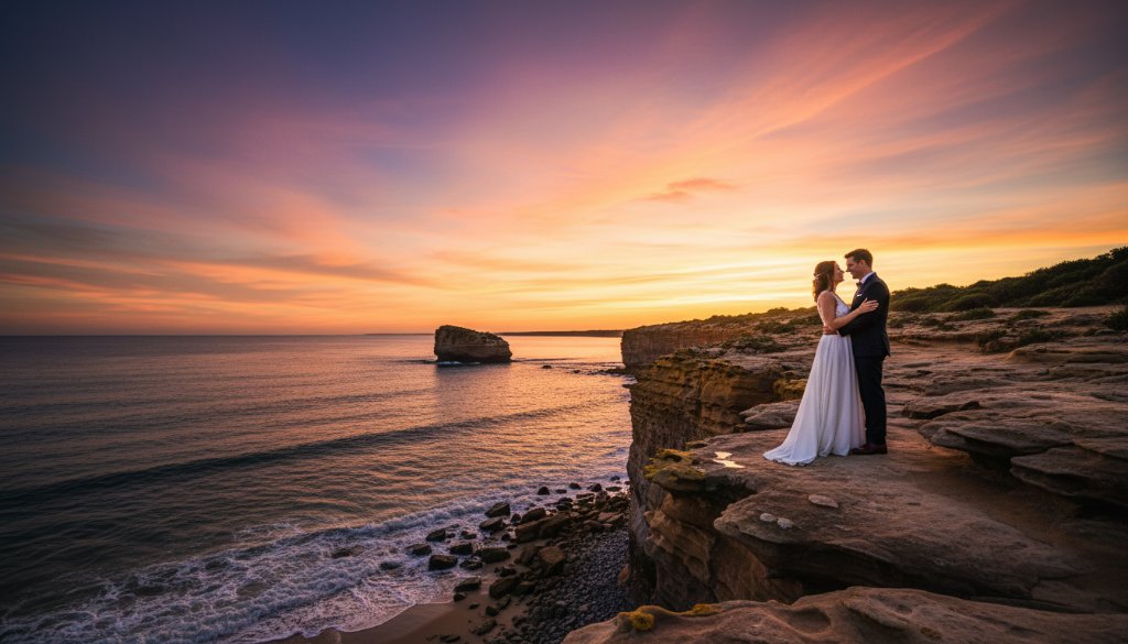A newlywed couple shares a tender embrace on Black Rock Beach at sunset, capturing their romantic Black Rock coastal wedding photography Victoria, with golden light reflecting off the water and dramatic clouds overhead.