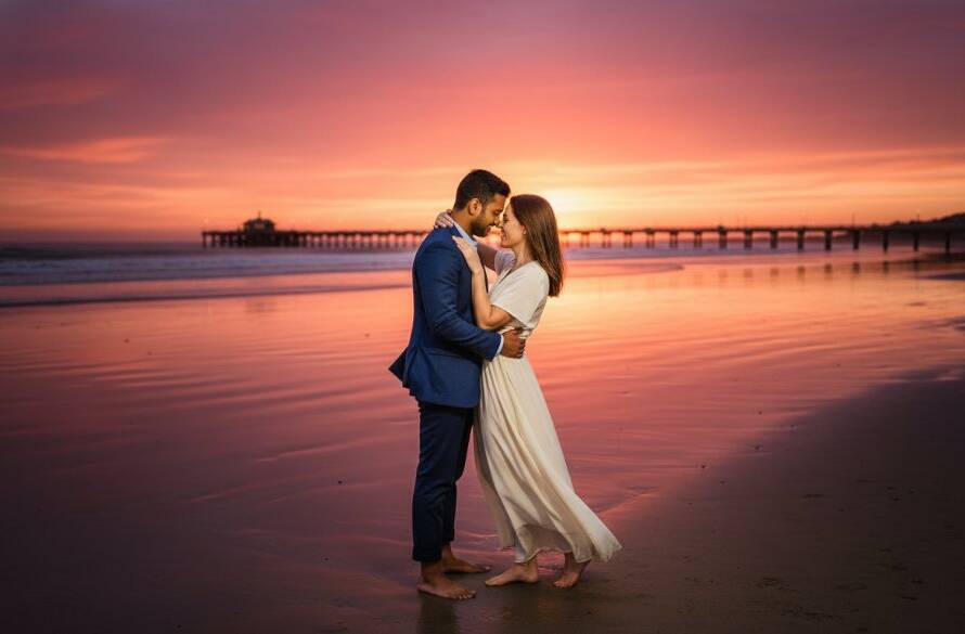 A couple shares a tender, joyous embrace on the shores of Bonbeach during a dramatic sunset, perfectly capturing their love in a Romantic Bonbeach Beach Engagement Photoshoot Victoria, with golden light reflecting off the water.