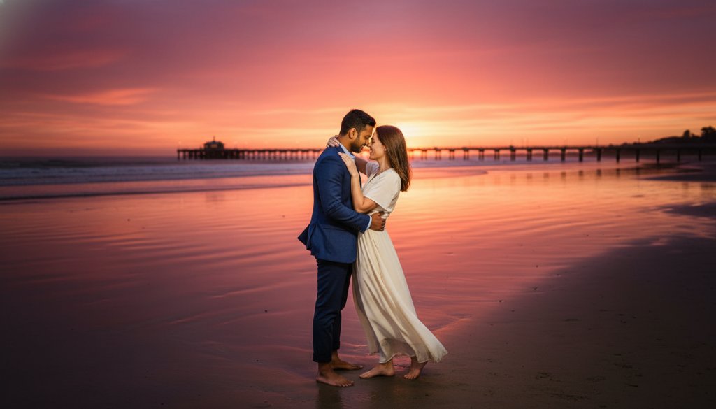A couple shares a tender, joyous embrace on the shores of Bonbeach during a dramatic sunset, perfectly capturing their love in a Romantic Bonbeach Beach Engagement Photoshoot Victoria, with golden light reflecting off the water.