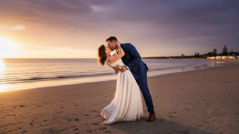 An epic wide shot of a couple sharing a tender kiss against the dramatic sunset hues over Port Phillip Bay during their Romantic Bonbeach Foreshore Pre-Wedding Photoshoot, professional colour grading.
