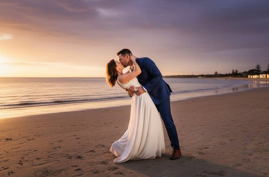 An epic wide shot of a couple sharing a tender kiss against the dramatic sunset hues over Port Phillip Bay during their Romantic Bonbeach Foreshore Pre-Wedding Photoshoot, professional colour grading.