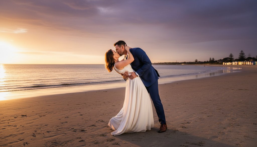 An epic wide shot of a couple sharing a tender kiss against the dramatic sunset hues over Port Phillip Bay during their Romantic Bonbeach Foreshore Pre-Wedding Photoshoot, professional colour grading.