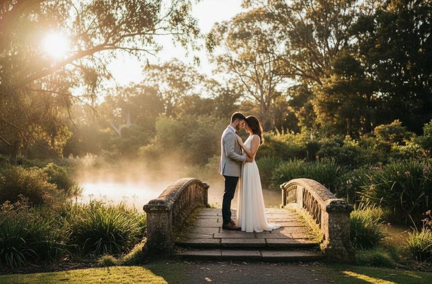 An epic moment of a couple embracing passionately amidst the lush greenery and golden light of Boronia Botanic Gardens during their romantic Boronia Botanic Gardens pre-wedding photography session, captured with professional color grading.