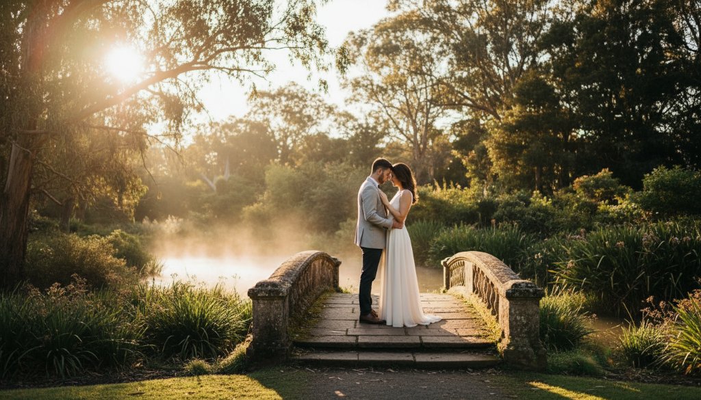 An epic moment of a couple embracing passionately amidst the lush greenery and golden light of Boronia Botanic Gardens during their romantic Boronia Botanic Gardens pre-wedding photography session, captured with professional color grading.