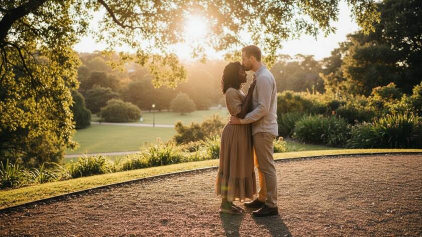 An epic moment captured during romantic Box Hill engagement photography Victoria, featuring a couple embracing passionately at sunset in Box Hill Gardens, with golden light silhouetting them against lush greenery, creating a cinematic and emotional scene.