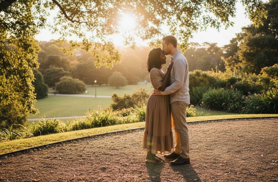 An epic moment captured during romantic Box Hill engagement photography Victoria, featuring a couple embracing passionately at sunset in Box Hill Gardens, with golden light silhouetting them against lush greenery, creating a cinematic and emotional scene.