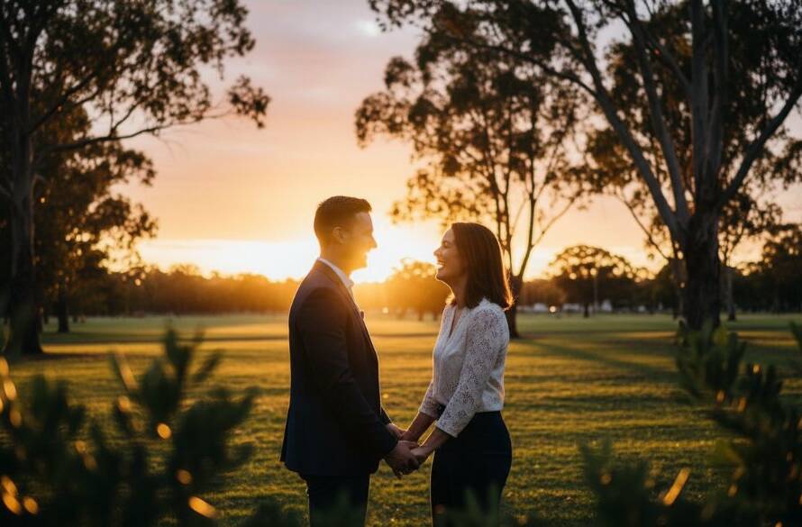 A couple embracing joyfully amidst the golden hour glow in a Box Hill North park, captured in a romantic Box Hill North engagement photography shot with dramatic lighting and professional colour grading, showing an epic moment of connection.