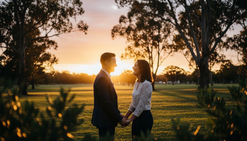 A couple embracing joyfully amidst the golden hour glow in a Box Hill North park, captured in a romantic Box Hill North engagement photography shot with dramatic lighting and professional colour grading, showing an epic moment of connection.