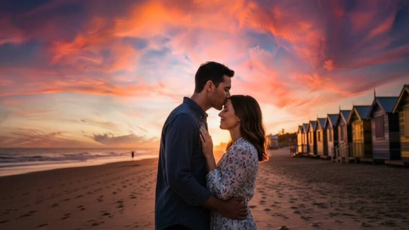 An epic moment of a couple embracing passionately at sunset during romantic Brighton Beach engagement photography in Victoria, with the vibrant Bathing Boxes in the background, dramatic golden hour light, and a windswept, romantic atmosphere.
