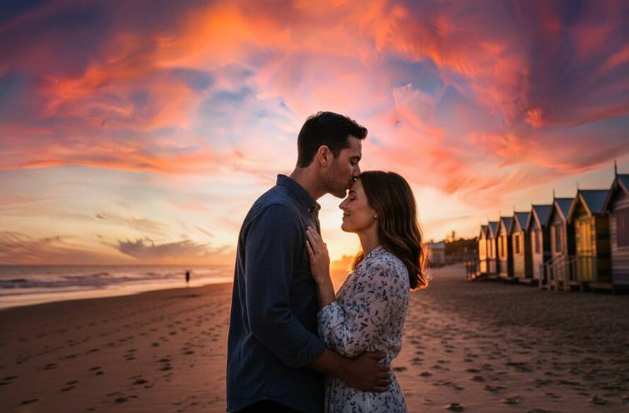 An epic moment of a couple embracing passionately at sunset during romantic Brighton Beach engagement photography in Victoria, with the vibrant Bathing Boxes in the background, dramatic golden hour light, and a windswept, romantic atmosphere.