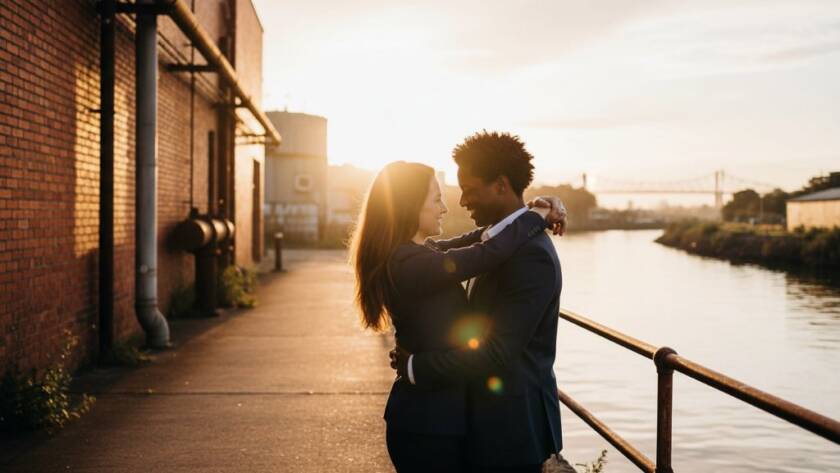 A couple embraces passionately under the dramatic glow of a sunset, silhouetted against Brooklyn's industrial waterfront with the Westgate Bridge in the distance, capturing an epic moment during their Romantic Brooklyn Victoria Pre-Wedding Photography Sessions, professionally colour-graded with a cinematic feel.