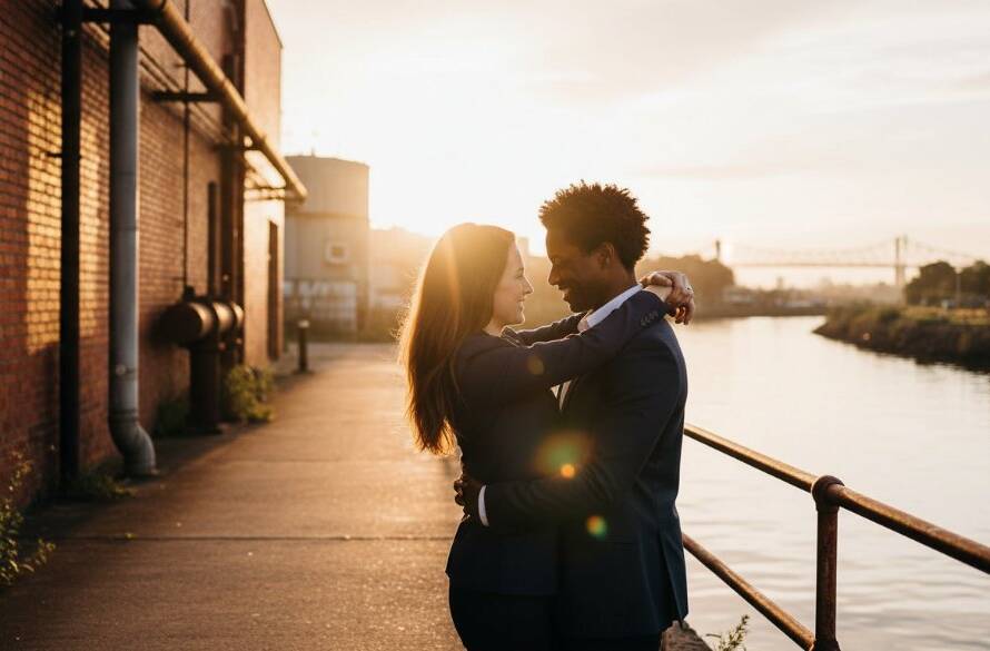 A couple embraces passionately under the dramatic glow of a sunset, silhouetted against Brooklyn's industrial waterfront with the Westgate Bridge in the distance, capturing an epic moment during their Romantic Brooklyn Victoria Pre-Wedding Photography Sessions, professionally colour-graded with a cinematic feel.