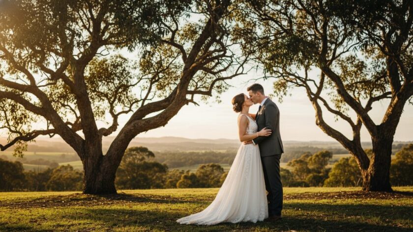 A newlywed couple shares a romantic kiss amidst the lush, blooming gardens of Brown Hill, Victoria, with soft golden hour light filtering through the trees, encapsulating the magic of their Romantic Brown Hill garden wedding photography. The scene is an epic moment of intimate joy and natural beauty.