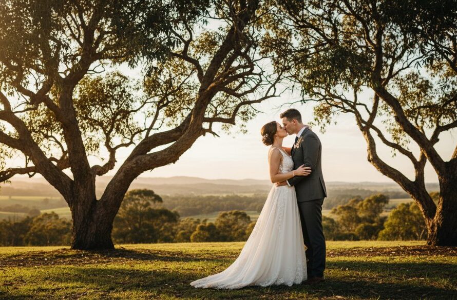 A newlywed couple shares a romantic kiss amidst the lush, blooming gardens of Brown Hill, Victoria, with soft golden hour light filtering through the trees, encapsulating the magic of their Romantic Brown Hill garden wedding photography. The scene is an epic moment of intimate joy and natural beauty.