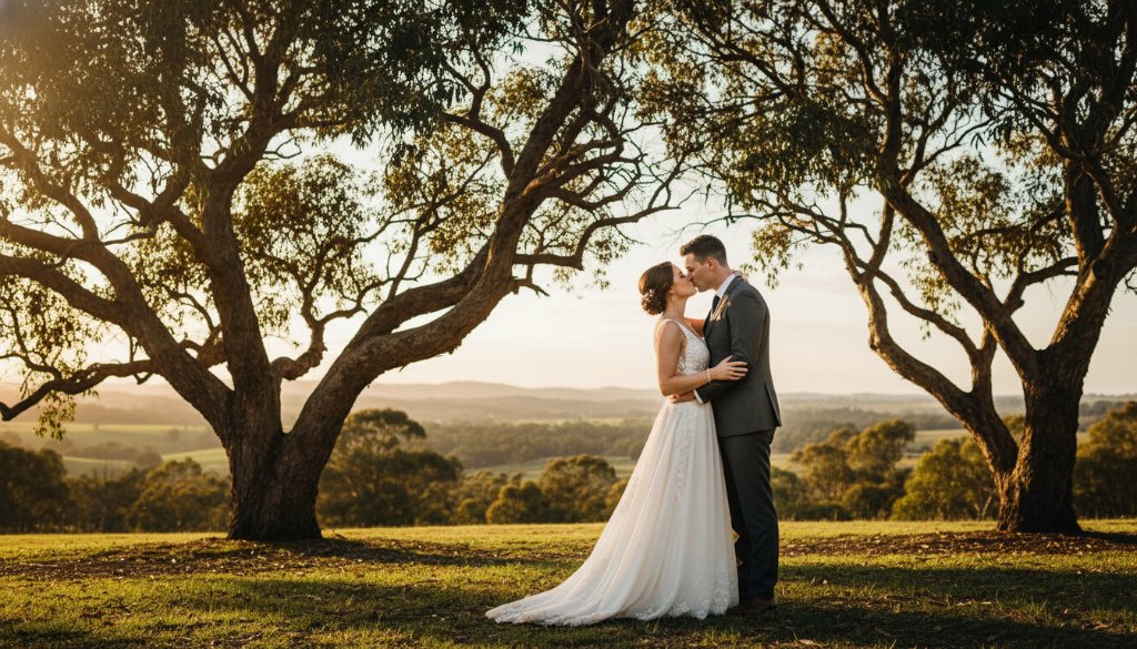 A newlywed couple shares a romantic kiss amidst the lush, blooming gardens of Brown Hill, Victoria, with soft golden hour light filtering through the trees, encapsulating the magic of their Romantic Brown Hill garden wedding photography. The scene is an epic moment of intimate joy and natural beauty.