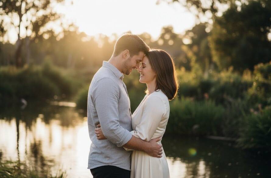 An intimate and romantic Bulleen engagement photography Yarra River moment, featuring a couple embracing softly by the riverbank during golden hour, with the lush Victorian landscape in the background, captured with dramatic lighting and professional colour grading.