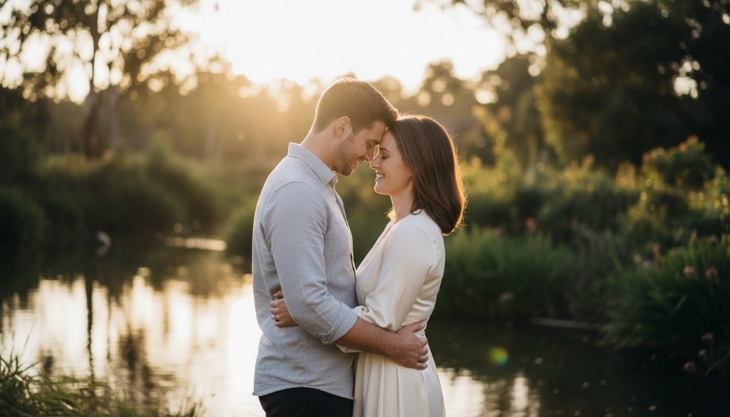 An intimate and romantic Bulleen engagement photography Yarra River moment, featuring a couple embracing softly by the riverbank during golden hour, with the lush Victorian landscape in the background, captured with dramatic lighting and professional colour grading.