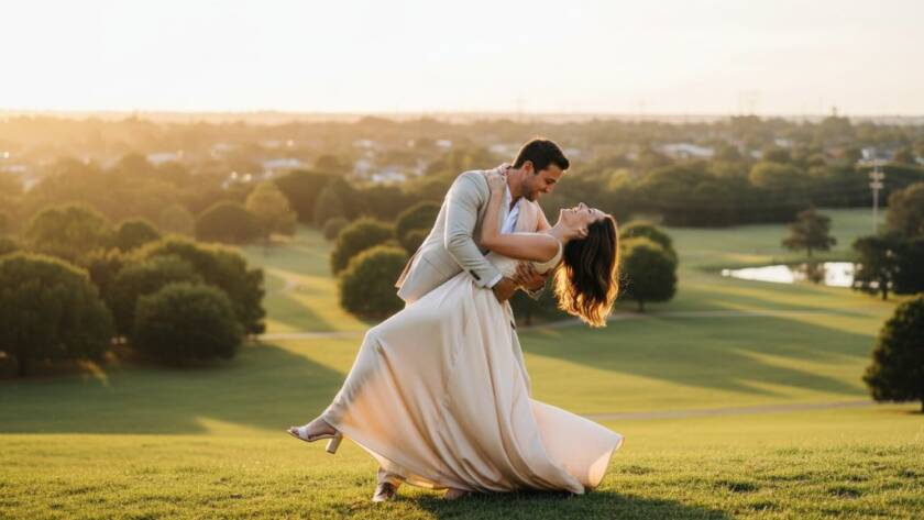 An epic moment photograph of a couple embracing passionately at one of the romantic Burwood East pre-wedding photo locations, bathed in the golden light of sunset, showcasing their deep connection and joy.