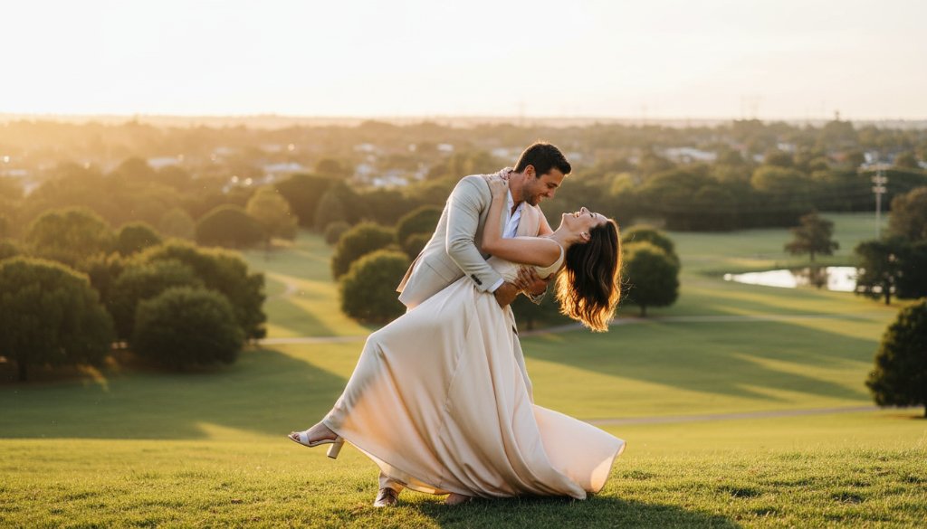 An epic moment photograph of a couple embracing passionately at one of the romantic Burwood East pre-wedding photo locations, bathed in the golden light of sunset, showcasing their deep connection and joy.