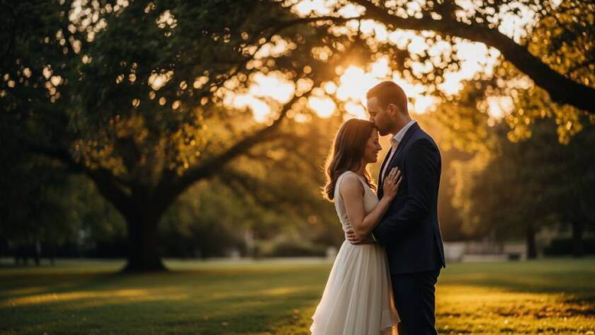 An emotionally charged, dramatic photograph capturing a couple embracing passionately at sunset in a scenic Burwood park, embodying a romantic Burwood pre-wedding photography session with golden light filtering through trees.