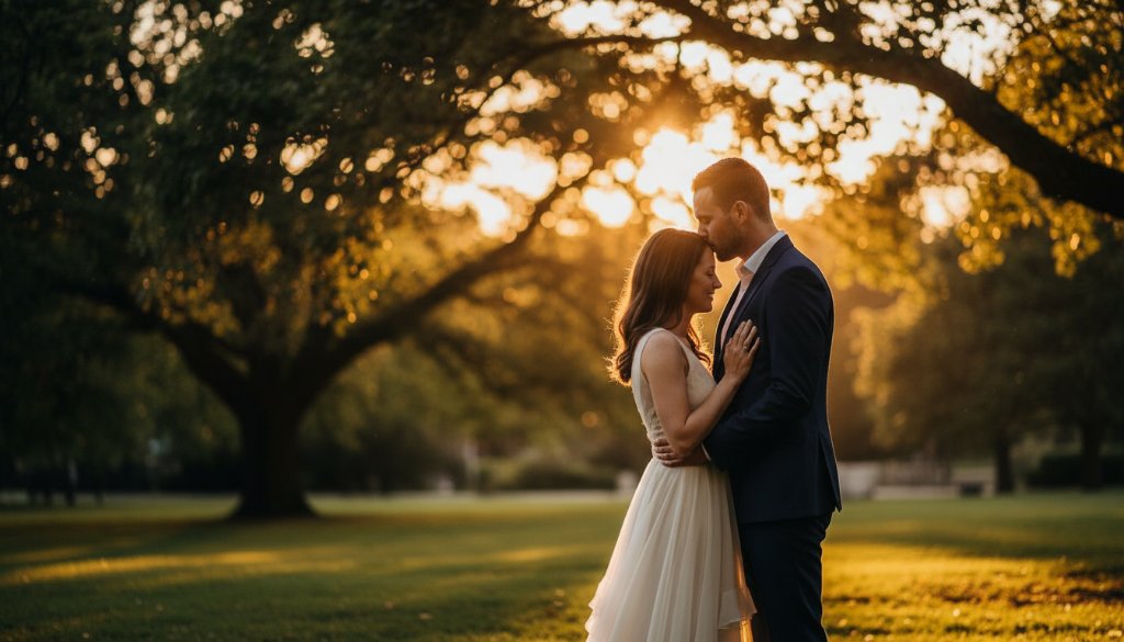 An emotionally charged, dramatic photograph capturing a couple embracing passionately at sunset in a scenic Burwood park, embodying a romantic Burwood pre-wedding photography session with golden light filtering through trees.