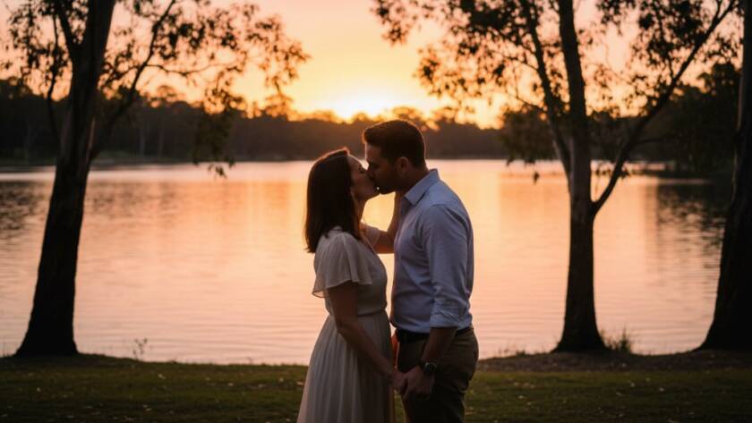 An intimate and romantic Burwood Victorian engagement photography moment, capturing a couple in a tender embrace bathed in golden hour light, with autumn foliage of Burwood Lake in the soft background, symbolizing their deep connection.