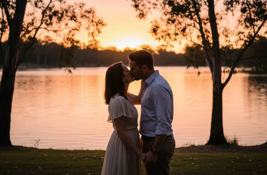 An intimate and romantic Burwood Victorian engagement photography moment, capturing a couple in a tender embrace bathed in golden hour light, with autumn foliage of Burwood Lake in the soft background, symbolizing their deep connection.