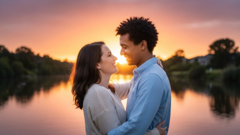A couple shares a joyful, intimate embrace at sunset, showcasing Romantic Candid Engagement Photography Belmont Victoria, with the Barwon River in the background. The scene is bathed in golden hour light, capturing an epic, natural moment of their love.