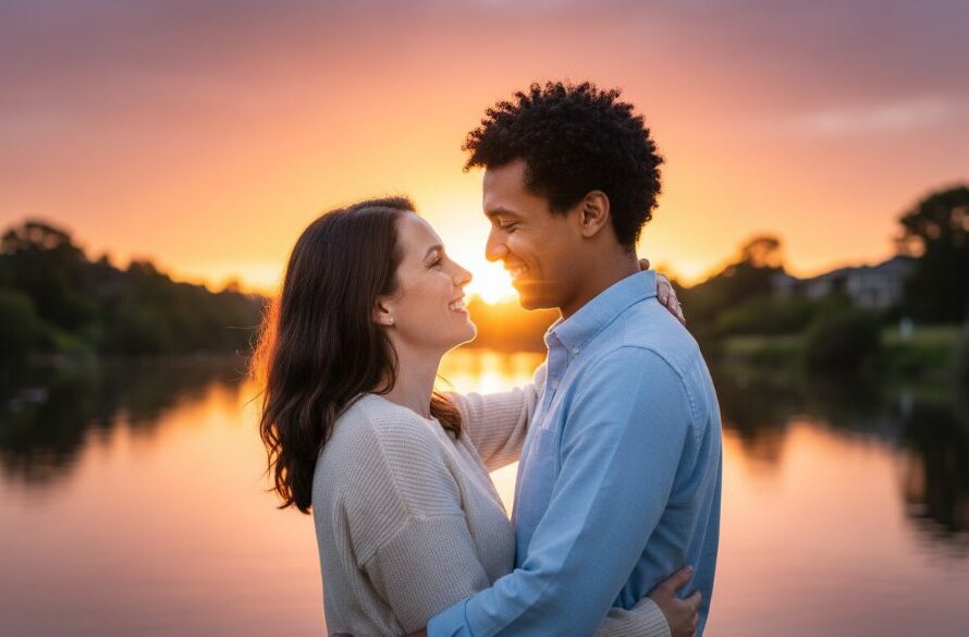A couple shares a joyful, intimate embrace at sunset, showcasing Romantic Candid Engagement Photography Belmont Victoria, with the Barwon River in the background. The scene is bathed in golden hour light, capturing an epic, natural moment of their love.