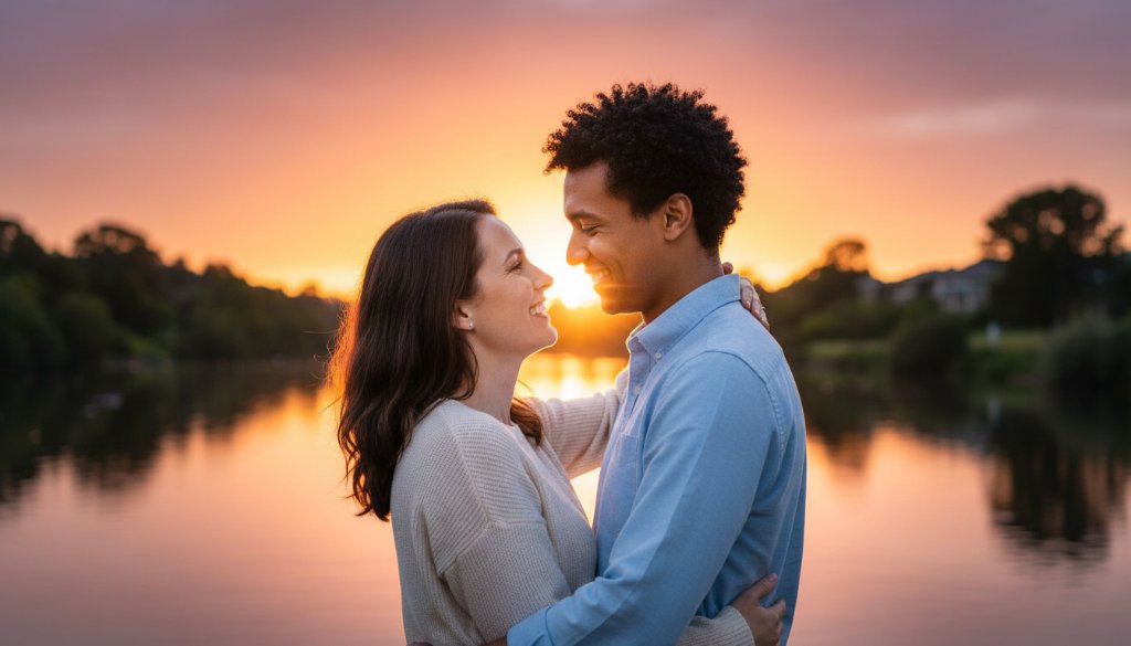 A couple shares a joyful, intimate embrace at sunset, showcasing Romantic Candid Engagement Photography Belmont Victoria, with the Barwon River in the background. The scene is bathed in golden hour light, capturing an epic, natural moment of their love.