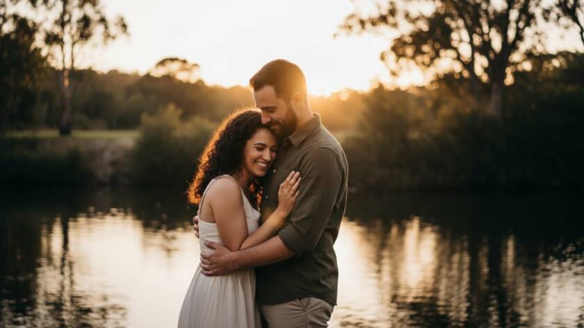 An emotionally resonant, candid moment captured during Romantic Candid Engagement Photography Bulleen, showing a couple embracing passionately at sunset by the Yarra River, Bulleen, with dramatic golden hour lighting and lush natural surroundings, evoking pure joy and connection.