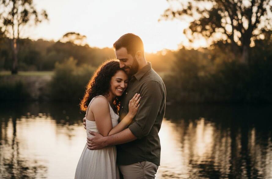 An emotionally resonant, candid moment captured during Romantic Candid Engagement Photography Bulleen, showing a couple embracing passionately at sunset by the Yarra River, Bulleen, with dramatic golden hour lighting and lush natural surroundings, evoking pure joy and connection.