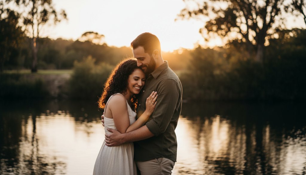 An emotionally resonant, candid moment captured during Romantic Candid Engagement Photography Bulleen, showing a couple embracing passionately at sunset by the Yarra River, Bulleen, with dramatic golden hour lighting and lush natural surroundings, evoking pure joy and connection.