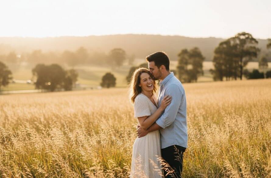 A stunning wide-angle photograph capturing a couple sharing a romantic candid engagement photography Doncaster Victoria parks moment at sunset, embraced in a field with dramatic golden hour lighting, showcasing their genuine love and connection.