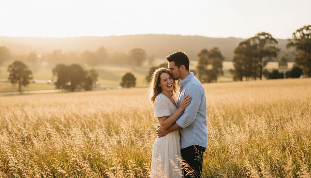 A stunning wide-angle photograph capturing a couple sharing a romantic candid engagement photography Doncaster Victoria parks moment at sunset, embraced in a field with dramatic golden hour lighting, showcasing their genuine love and connection.