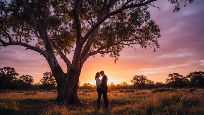 A couple sharing a romantic candid engagement photoshoot in Huntingdale, Victoria, silhouetted against a golden hour sunset, laughing genuinely while walking through a treelined park, captured with dramatic lighting and professional colour grading, showcasing their epic love story.