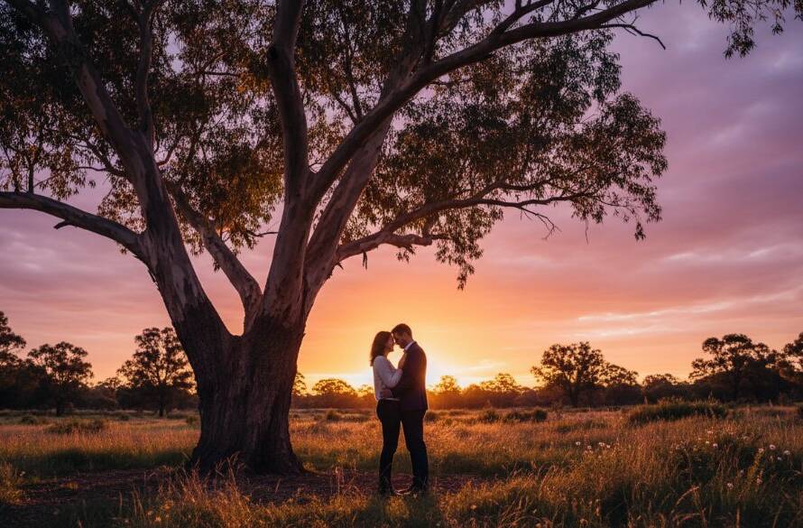 A couple sharing a romantic candid engagement photoshoot in Huntingdale, Victoria, silhouetted against a golden hour sunset, laughing genuinely while walking through a treelined park, captured with dramatic lighting and professional colour grading, showcasing their epic love story.